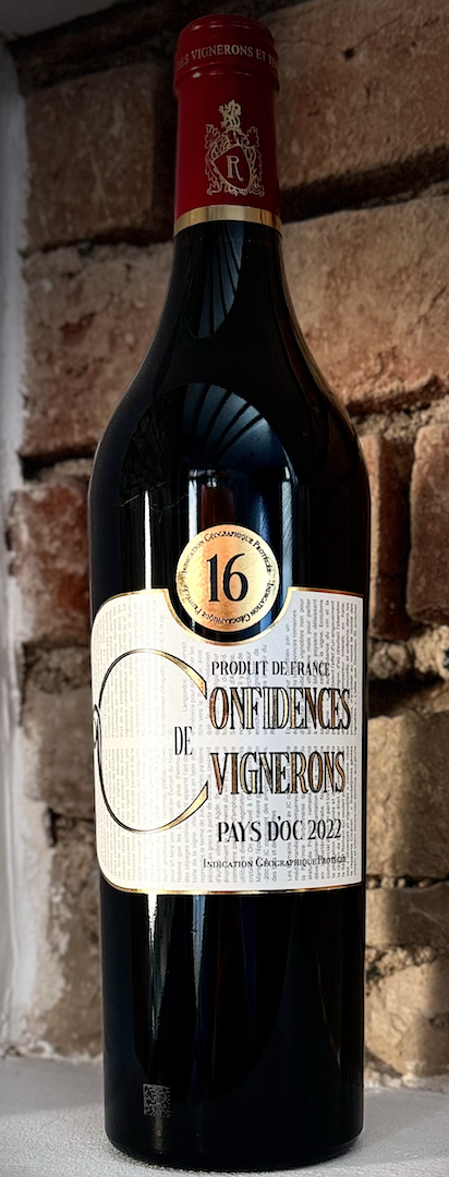 Confidences de Vignerons is a rd wine from IGP Pays d'Oc. It is made from Syrah, Merlot, and Cabernet Sauvignon. The alcohol content is 16%. The vintage is 2022. 